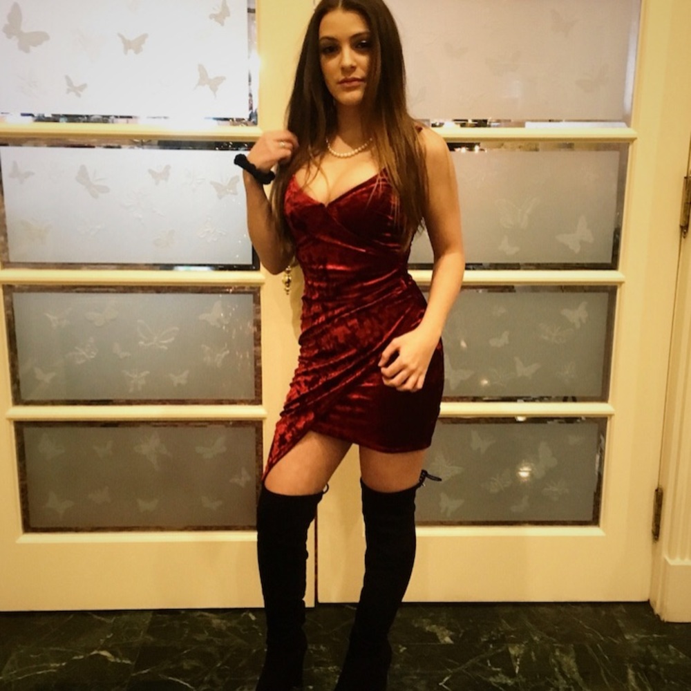 red velvet wrap dress